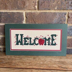 Completed Cross Stitch Welcome With Apple Double Matted No Frame READ